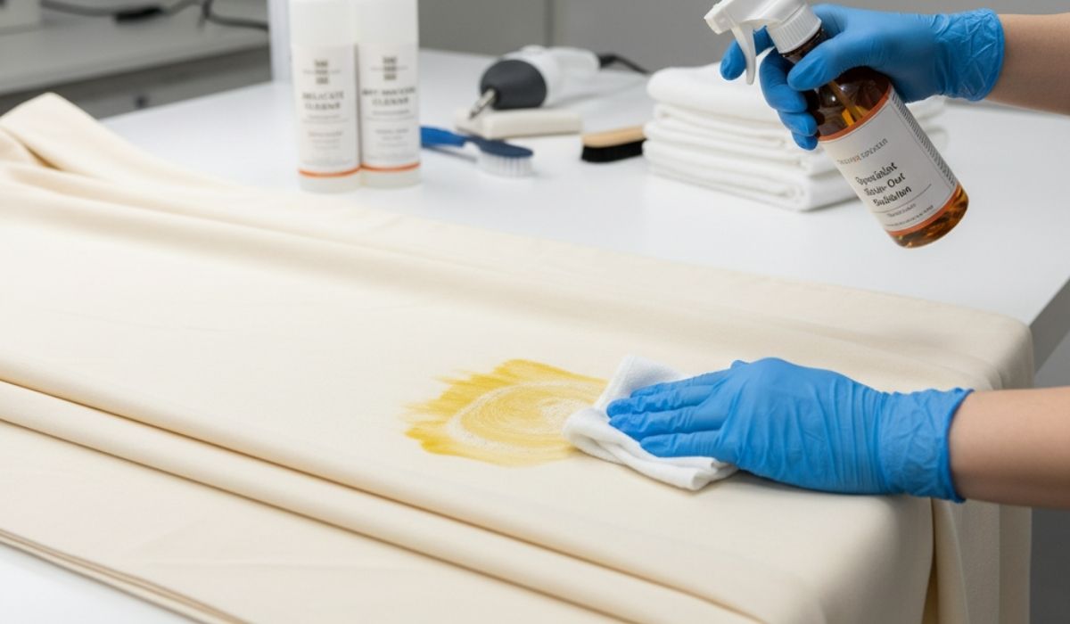 A professional technician in gloves applying a specialized cleaning solution to remove a stain from cream-colored fabric.