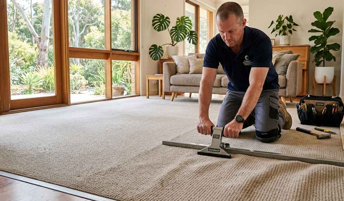 A technician using a knee kicker to remove ripples from a beige carpet in a bright, modern Australian home.