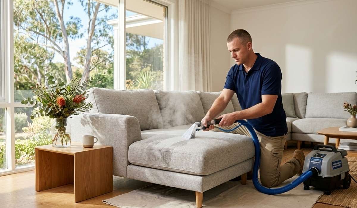 A technician in a navy uniform uses a steam extraction machine to deep clean a light grey fabric sofa in a sunlit, modern living room.